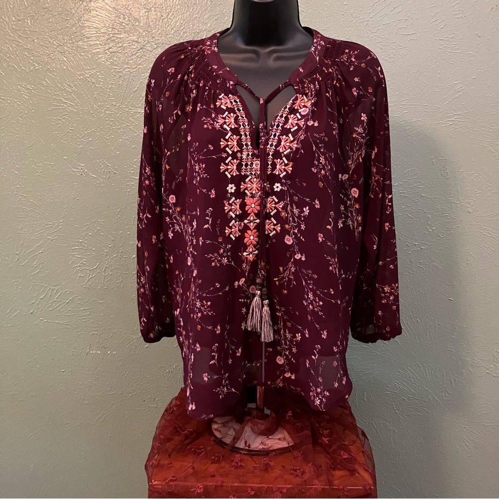 Burgundy Embellished 3/4 Sleeve Tie Front Boho Blouse
